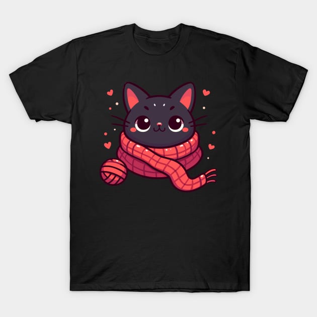 Cat and knitting kawaii cat with yarn ball T-Shirt by TomFrontierArt